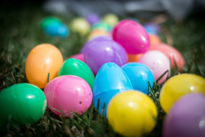 Close-up of colorful plastic Easter Eggs, ready for a hunt