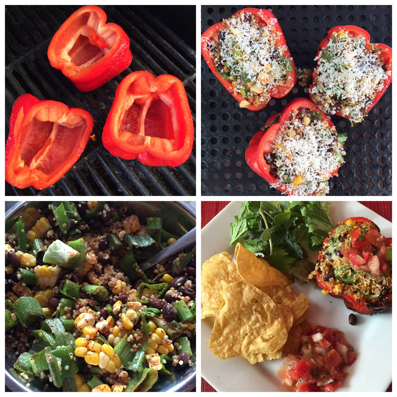 Red peppers: Greendale Herb and Vine; Stuffing: Roasted corn: Country Village Market; Italian onion stems: Yarrow EcoVillage; Cilantro: Zaklan Heritage Farm. Tortilla chips and pico de gallo: Muy Rico. Mixed greens: Zaklan Heritage Farm